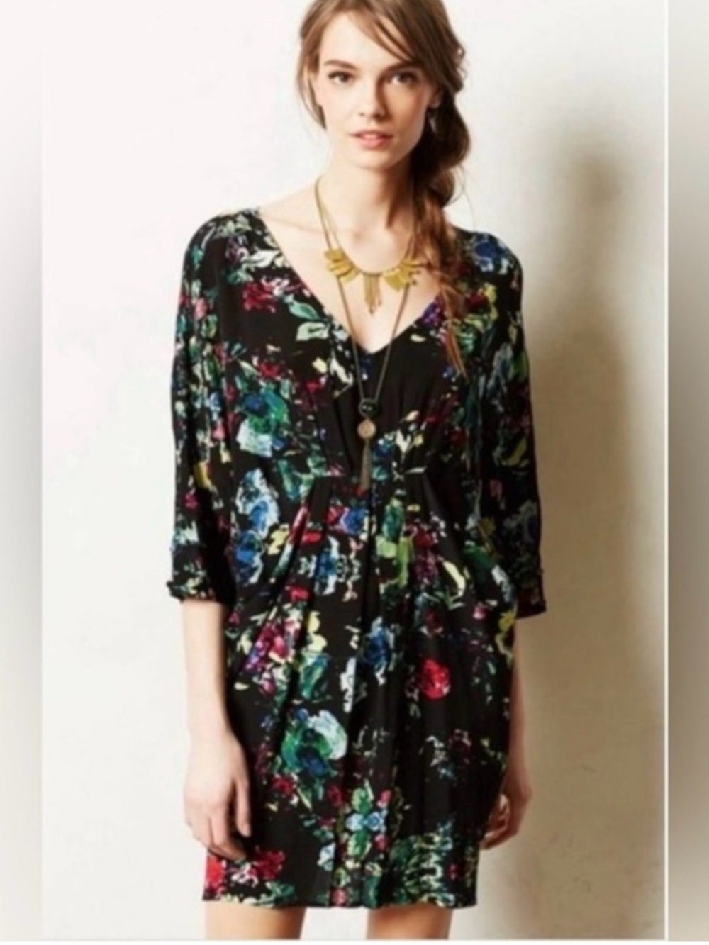 ANTHROPOLOGIE Maeve Petal Pallet Tunic XS 23” p2p Black Multi $138 Retail EUC